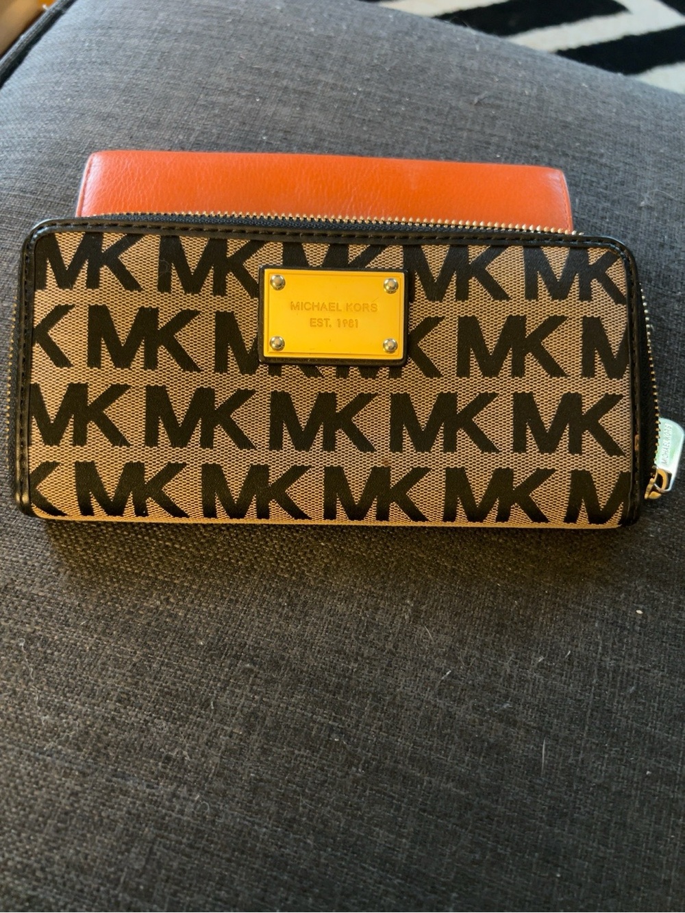 Michael Kors Black and Tan MK Logo Zip Wallet with Gold Plaque